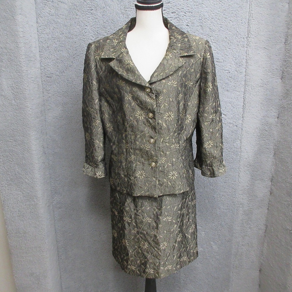 Virgo 2 Piece Jacket Skirt Set Womens 12 Green Jacquard Floral Rhinestone Formal